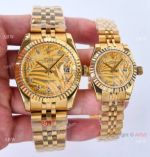 Swiss Quality Copy Rolex Datejust All Gold Palm motif Couple Watches